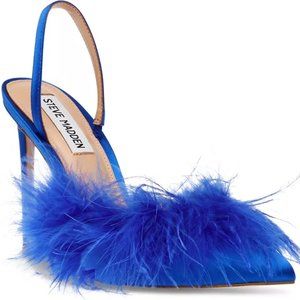 NIB! STEVE MADDEN Alexis Cobalt Blue Stain Feather Slingback Stiletto Heels 8.5M